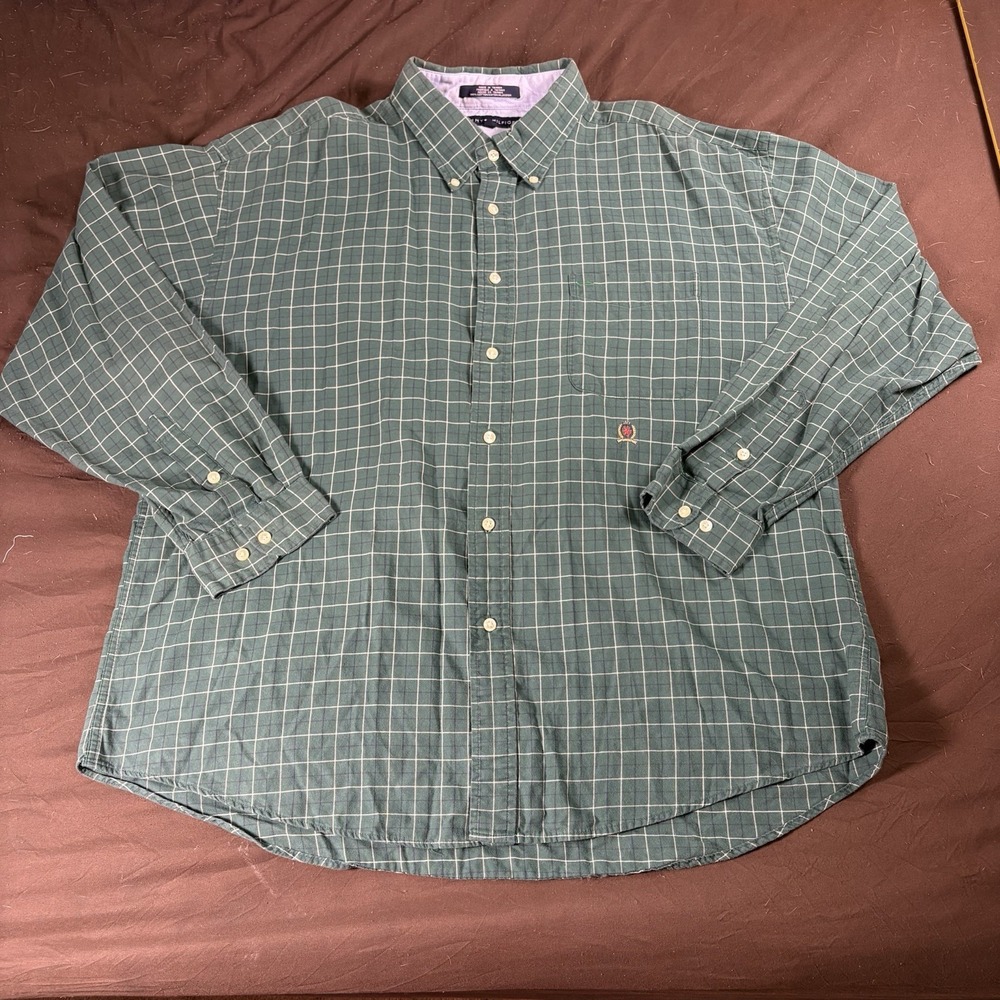 Vintage Tommy Hilfiger XXL Made In Taiwan Green Windowpane Button Down Shirt 90s
